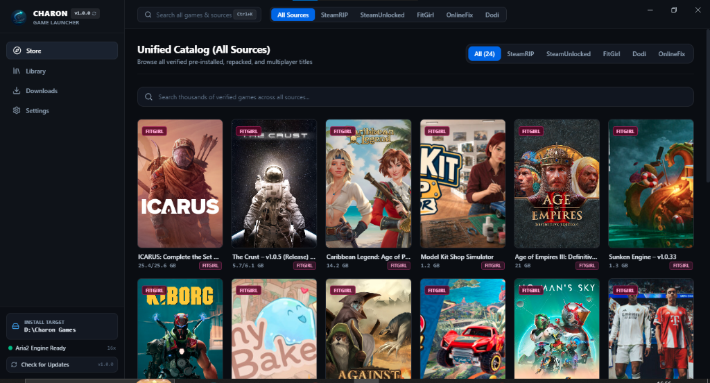 Charon Game Launcher Interface